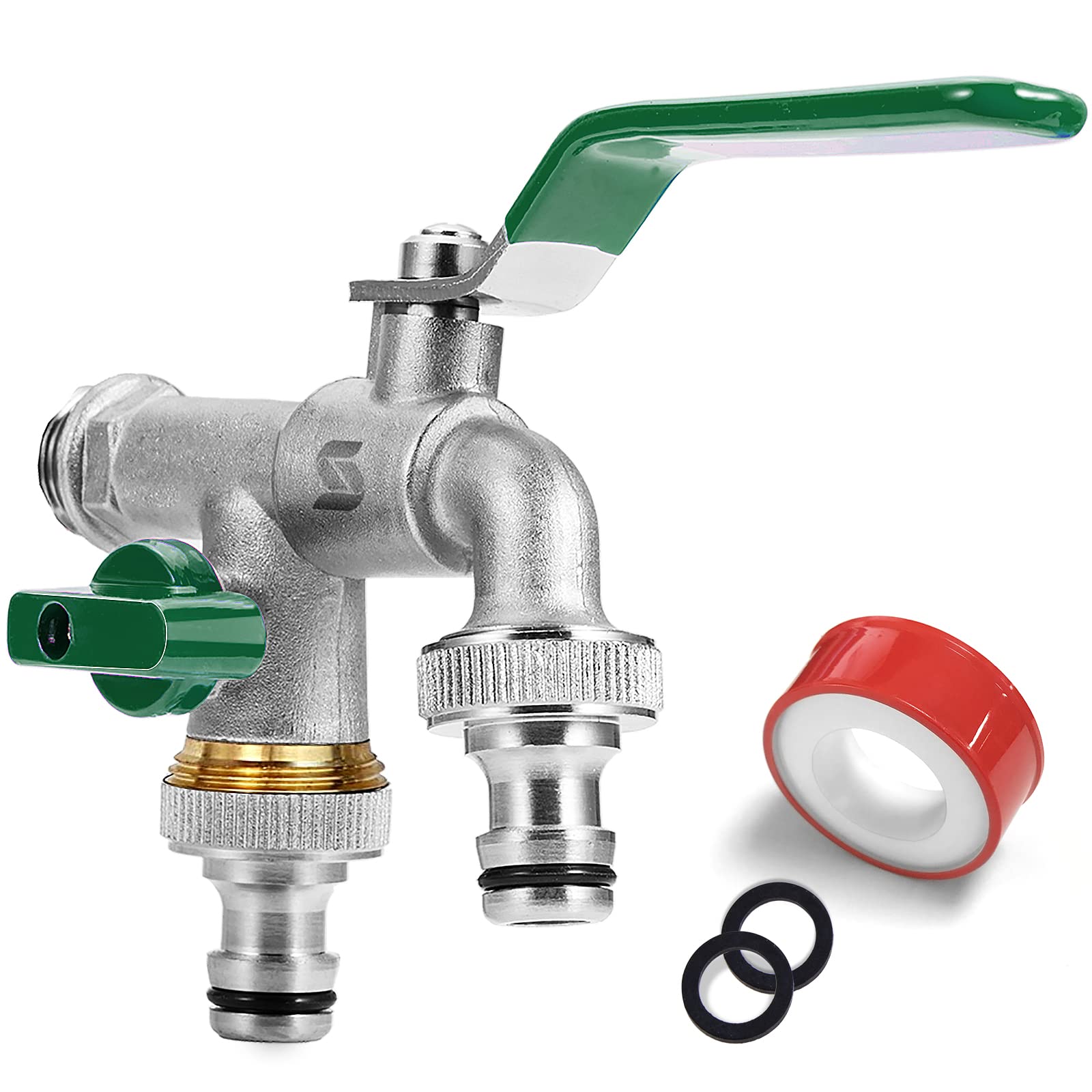SPGOOD Garden tap, double outlet tap, 1/2 inch, made of brass, rust and frost-proof, with 2 x 3/4 inch outlets, double connection and hose nozzle for garden, washing machine (green)