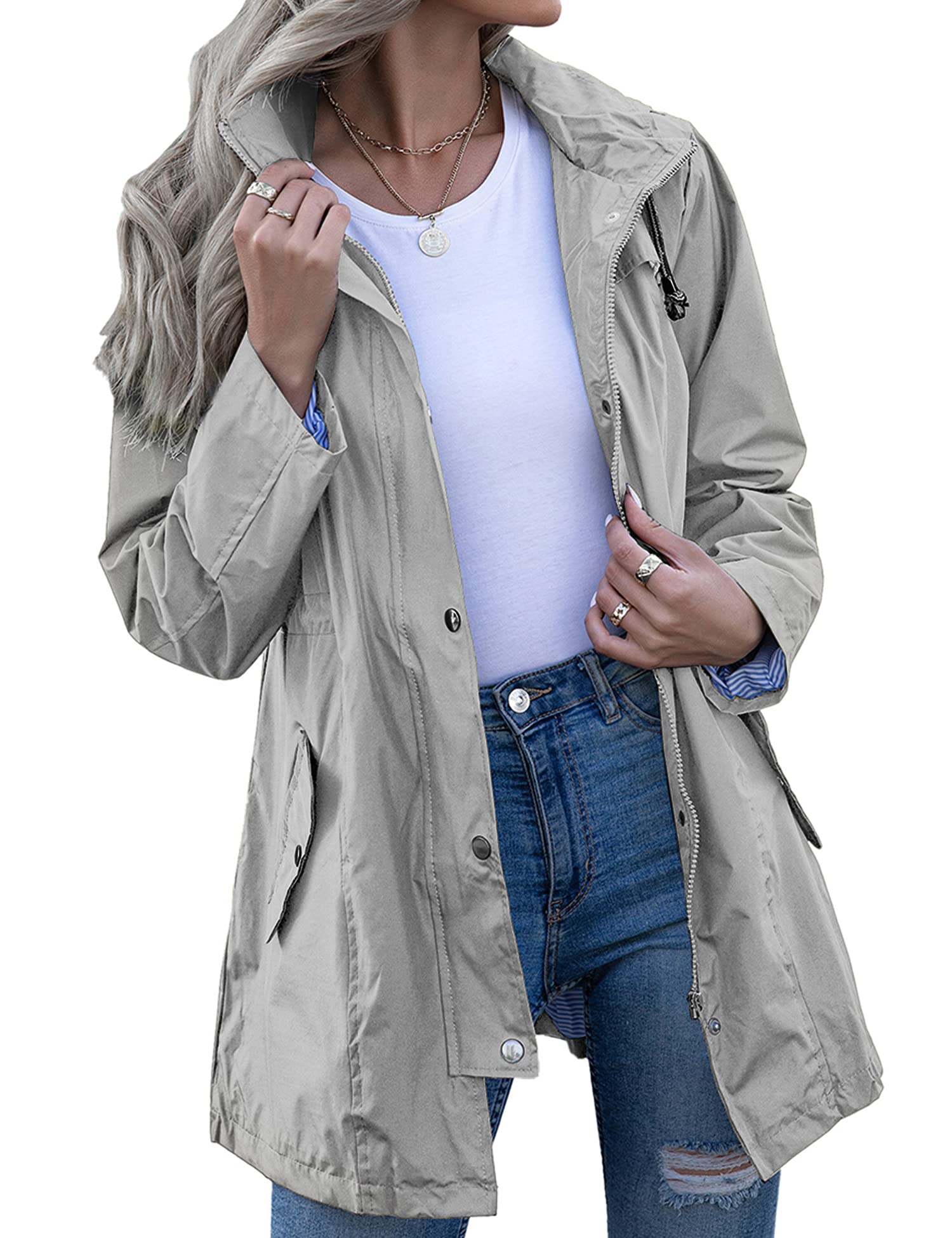 Photo 1 of *xl size* Kikibell Ladies Travel Raincoat Outdoor Lightweight Windbreaker with Pockets for Adults Gray Plus Size Raincoat for Women XL