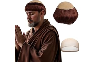 IMEYLE Short Monk Wig Brown Funny Wigs for Adults Cosplay Monk Costume Men Halloween Bald Wig Ugly Wigs for Friar Costume Christmas Themed Party Outfit +Hair Cap