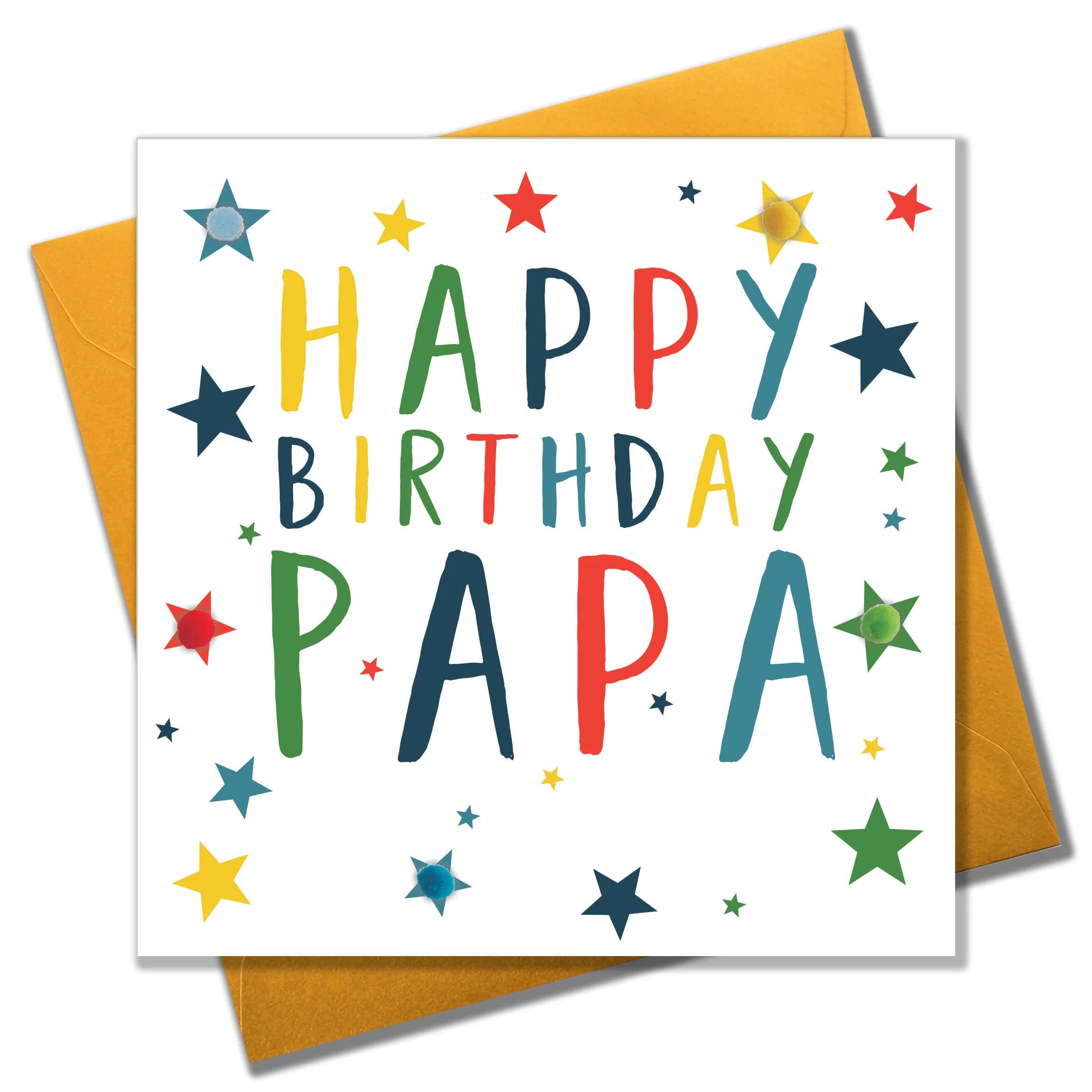 Claire Giles Greeting Cards, Happy Birthday Papa Card, Stars design Birthday Greeting Card, Embellished with colourful Pompoms