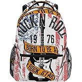 AUUXVA Backpack Rock Roll Music Guitar American Flag School Shoulder Bag Large Waterproof Durable Bookbag Laptop Daypack for Students Teens Girls Boys Elementary