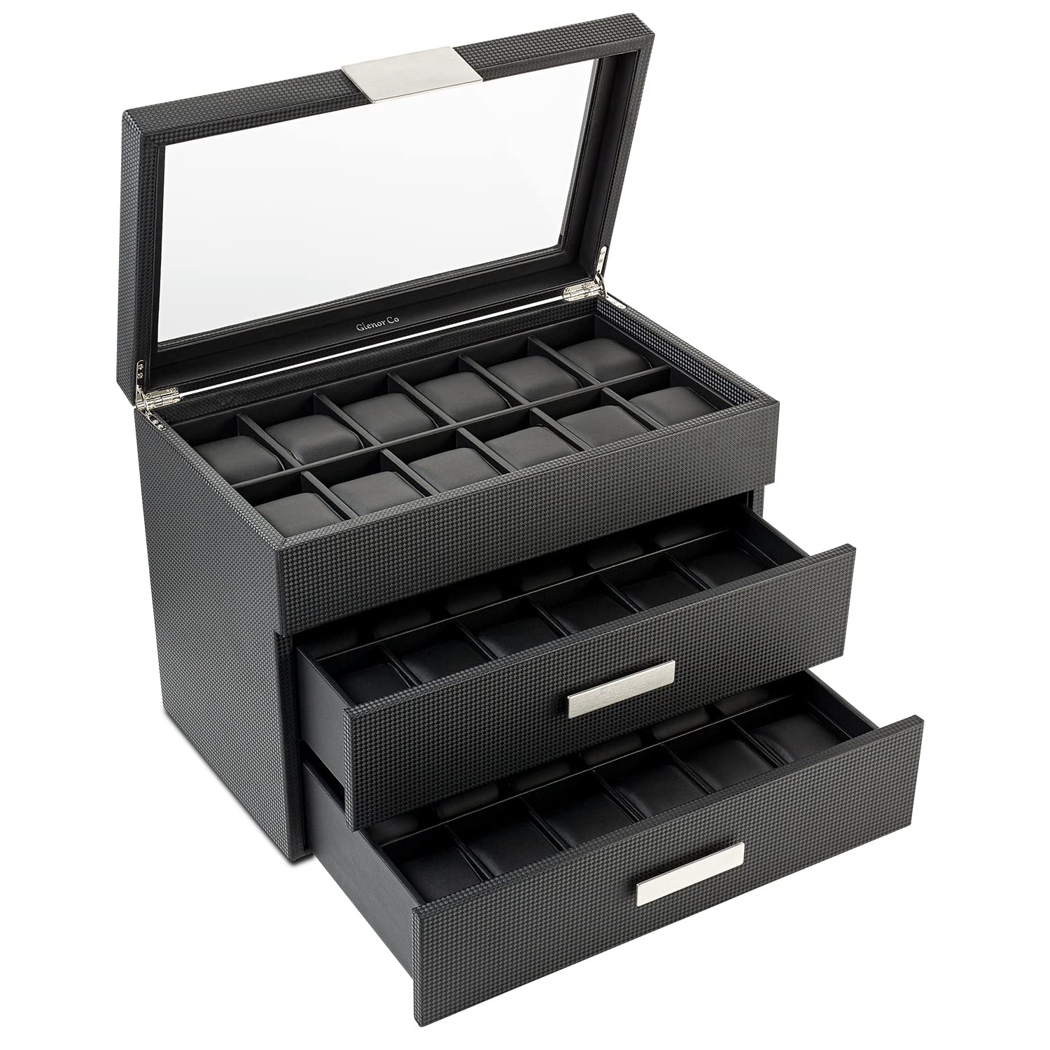 36 Slot Watch Box for Men - Mens Watch Case w Large Glass Lid, Luxury Carbon Fiber Design Mens Watch Box - Watch Holder for Men w Metal Accents & Sturdy Hinges, Watch Display Case Drawer &