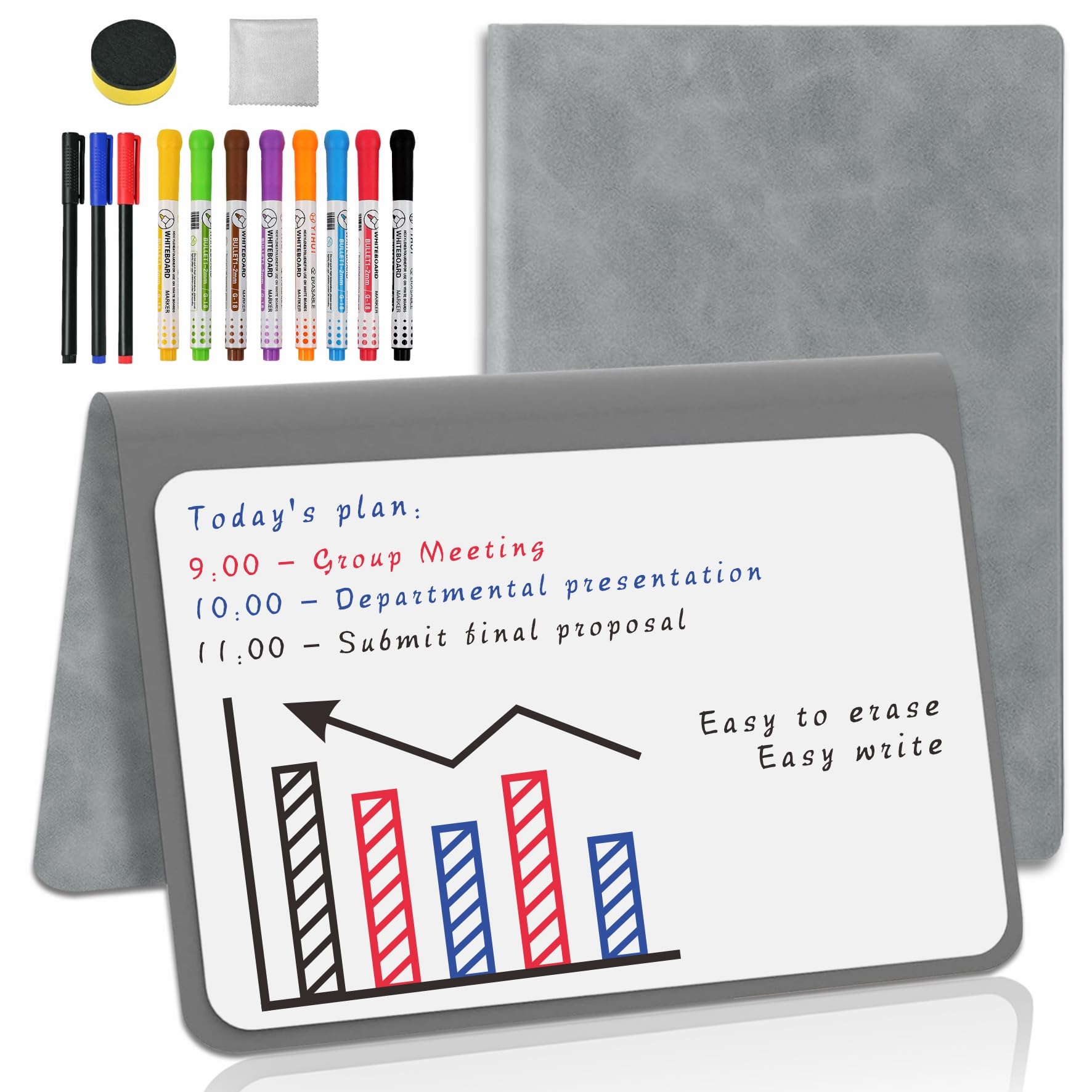 Whiteboard A5 Grey Small Whiteboard Notebook Mini Desk White Board with 11 Erasable Pens to do List White Board for School Office Supplies Desk Accessories