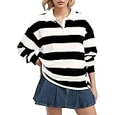 Lenader Women Long Sleeve Striped Polo Shirt Oversized Collar Y2k Pullover T Shirt Casual Loose Streetwear Rugby Sweatshirt