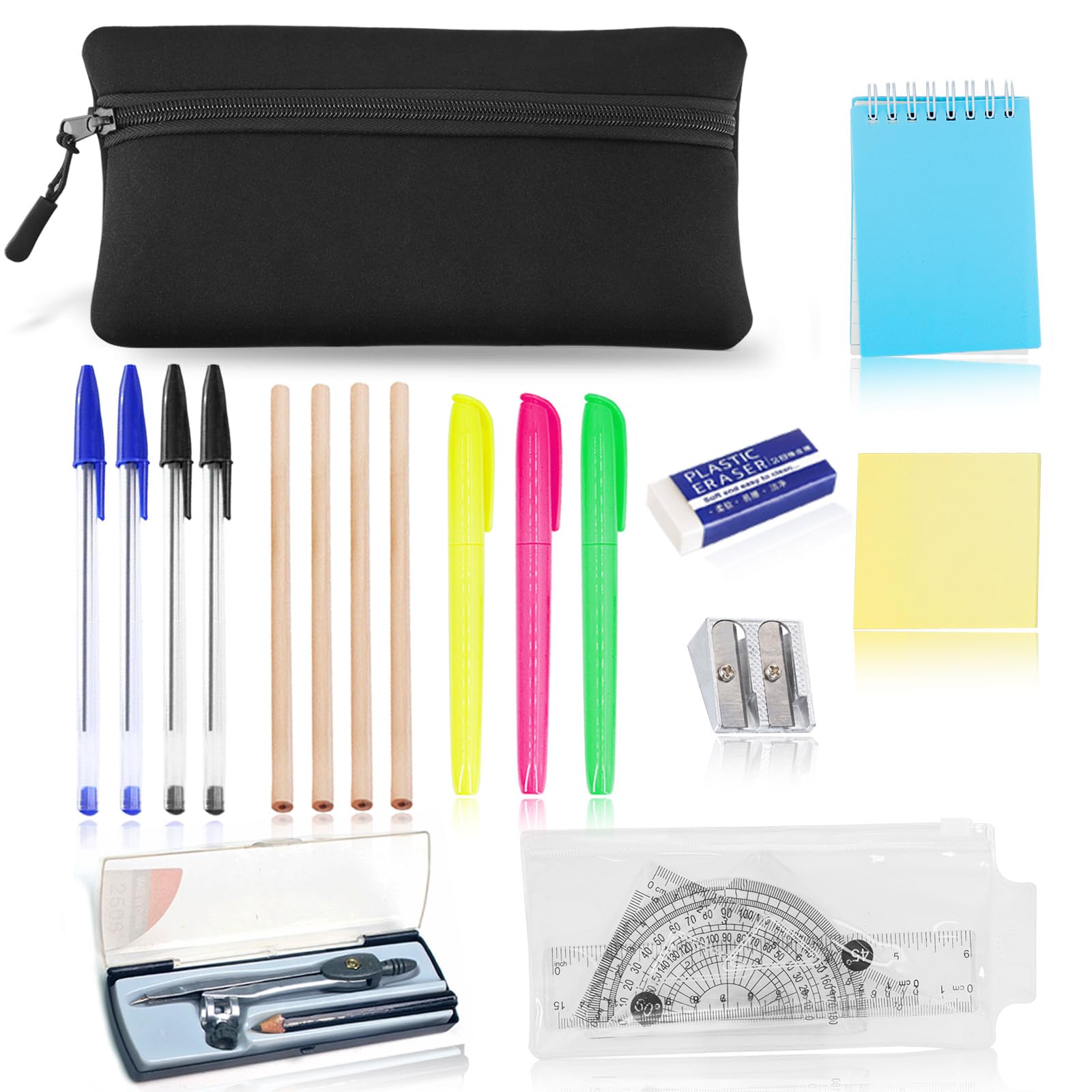 17 Pcs Stationary Sets, Maths Sets For Secondary School, Secondary School Stationery Set, Back To School Stationery Ruler Set For Office, Home Or School, Mathematical Set, Pre Filled Pencil Case Black