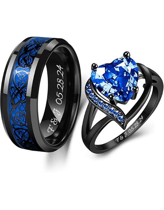 Ringcolor Couple Rings Set - Black And Red Heart CZ Women's Ring & Titanium Men's Band
