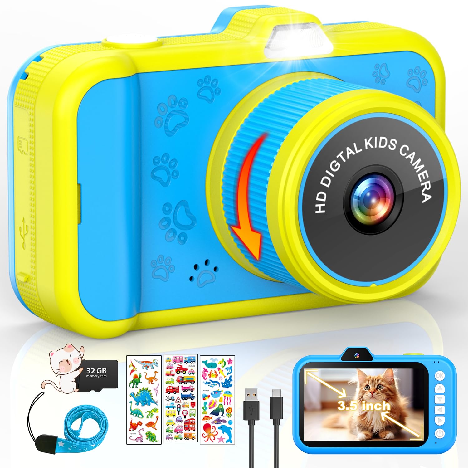 CHAKEYAKE Kids Camera, 3.5" Large Display Kids Digital Camera with 360° Rotating Zoom Lens, Selfies, LED Flash, 48MP Toy Camera with 32G Card, Birthday Gift for 3 4 5 6 7 8 9 10 Year Old Kids (Blue)