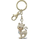 Aqua79 Stylish Cat Keychain - Gold 3D Sparkling Charm Rhinestones Fashionable Stylish Metal Alloy Durable Key Ring Bling Crystal Jewelry Accessory with Clasp