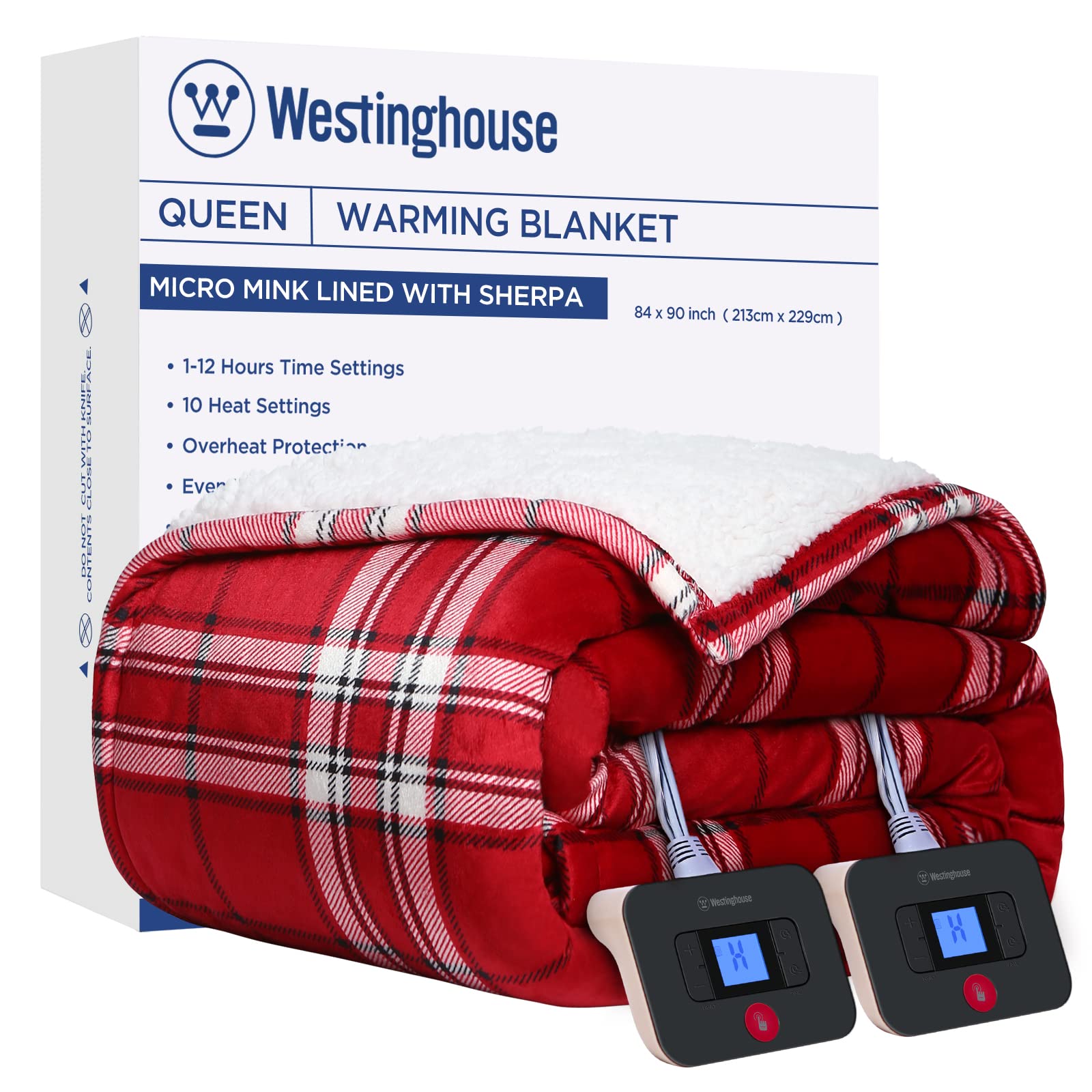 Westinghouse Electric Blanket Heated Blanket, Plaid Sherpa Heating Blanket, 10 Heat Settings & 1-12 Hours Time Settings, Red Plaid, 84" x 90" Queen Size