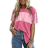 Dokotoo Summer Tops Trendy Oversized 2026 Crewneck Casual Color Block Striped Womens Shirts Blouses