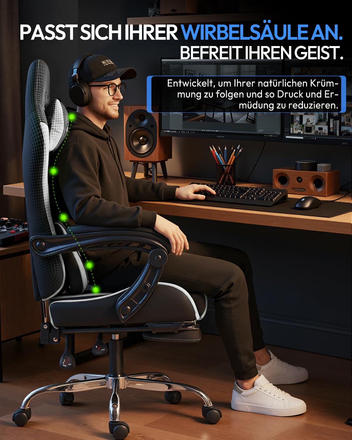 Dowinx Gaming Stuhl Bürostuhl Massage Gaming Sessel mit höhenverstellbaren Linkage-Armlehnen, ergonomischer Gamer Stuhl mit Fußstütze, gepolstert Gaming Chair 150° neigbar bis 180 kg, Weiß 8