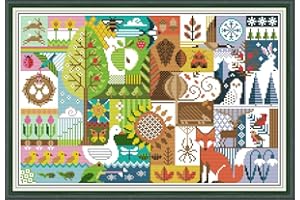 Meecaa Cross Stitch Kits 14 Count Stamped, Tree Bird Animal Building Fox Seasons Embroidery Kit with Accessories Pre Printed 