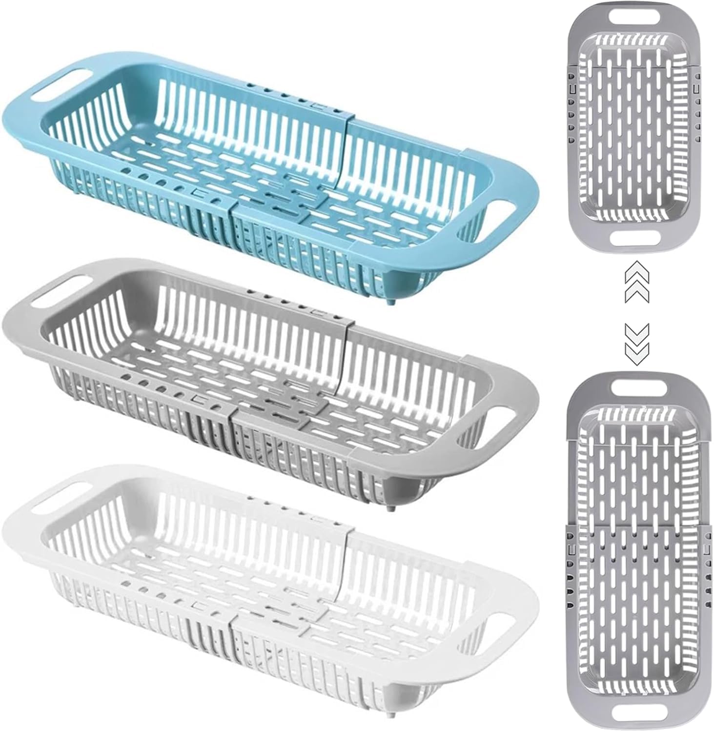 Hiceeden Set of 3 Over The Sink Strainers for Kitchen, Extendable Plastic Colander Drain Basket for Fruits and Vegetables Wash, Dishes Dry