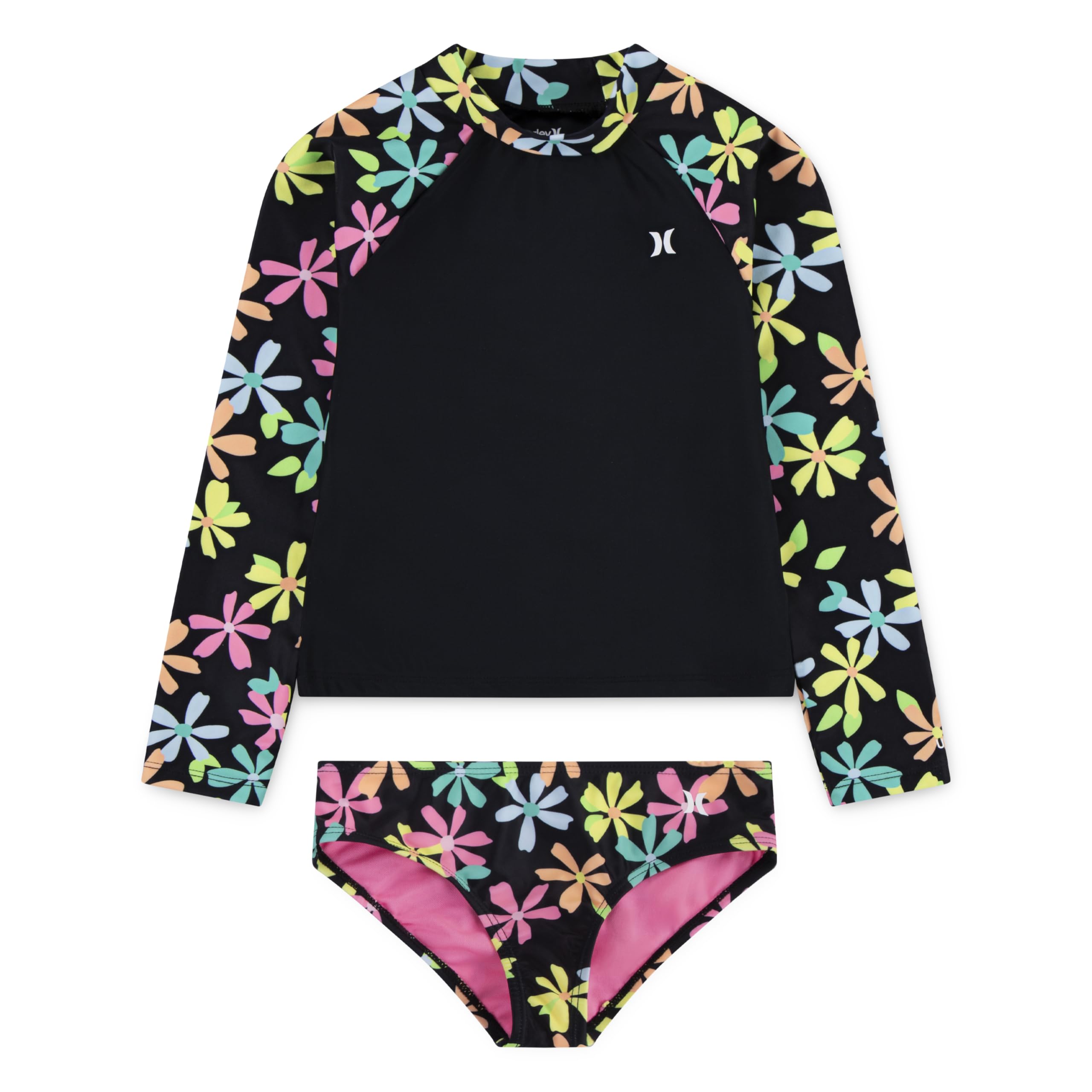 Photo 1 of Hurley Girls' Long Sleeve Rash Guard 2-Piece Swimsuit, Black/Multi Floral, 8