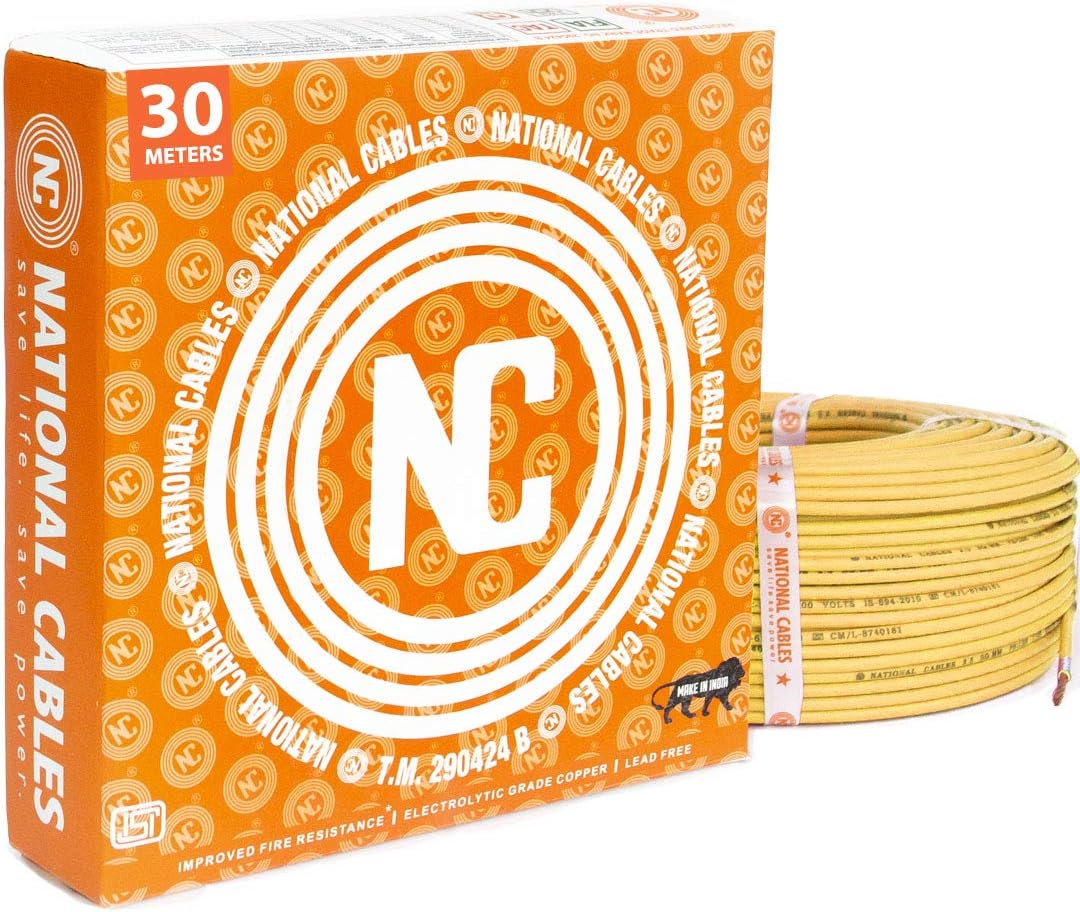 National Cables 0.75 SQMM Yellow 30 Meter Coil | PVC Insulated Copper Wire for Home Use | Home Electric Wire
