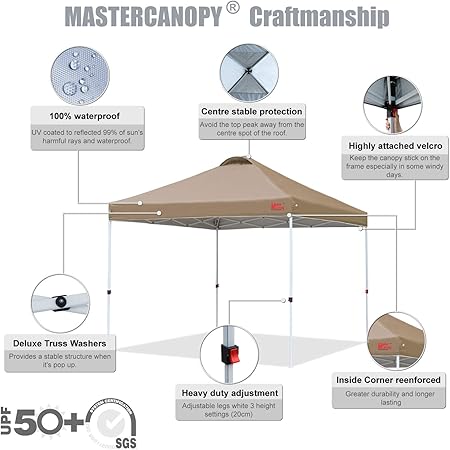 Amazon マスターキャノピー Mastercanopy ワンタッチタープテント 2m 2 5m 3m 三段階調節 スチールフレーム 風抜けベンチレーション 耐水 Uvカット サンシェード 日除け 商用 アウトドア用 キャスターバッグ ペグ ロープ ウェイトバッグ付き 2m カーキ