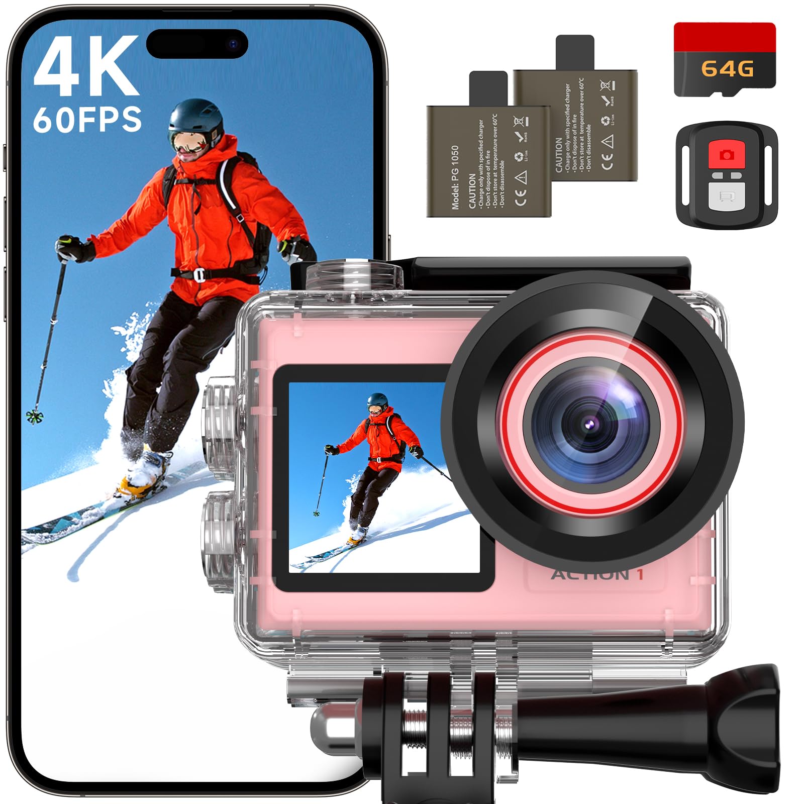 ODDV 4K60FPS 30MP Action Camera with Front LCD and Touch Rear Screens, Underwater Camera with 64GB Memory Card, 132FT Waterproof Camera, EIS, 5X Zoom, WiFi Remote Control (Pink)