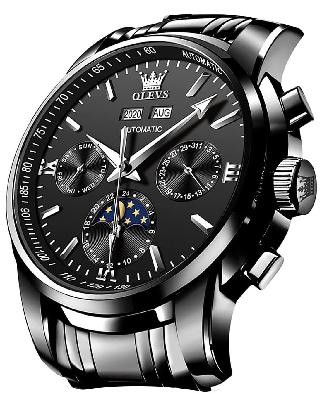 Photo 1 of OLEVS Automatic Men Watch Self Winding Mechanical Luxury Dress Moon Phase Stainless Steel Black Watch Waterproof Luminous Calendar Wrist Watch
