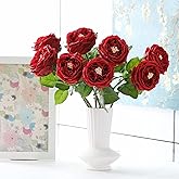 UKELER Red Roses 4 Pcs Real Touch Artificial Flowers Austin Rose Peony with Stem for Wedding Party Decoration Flower Arrangement