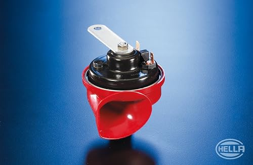 HELLA Trumpet Horn – 12V High Tone Electric Horn 110dB, Red/Black Housing, Flat Plug Connector