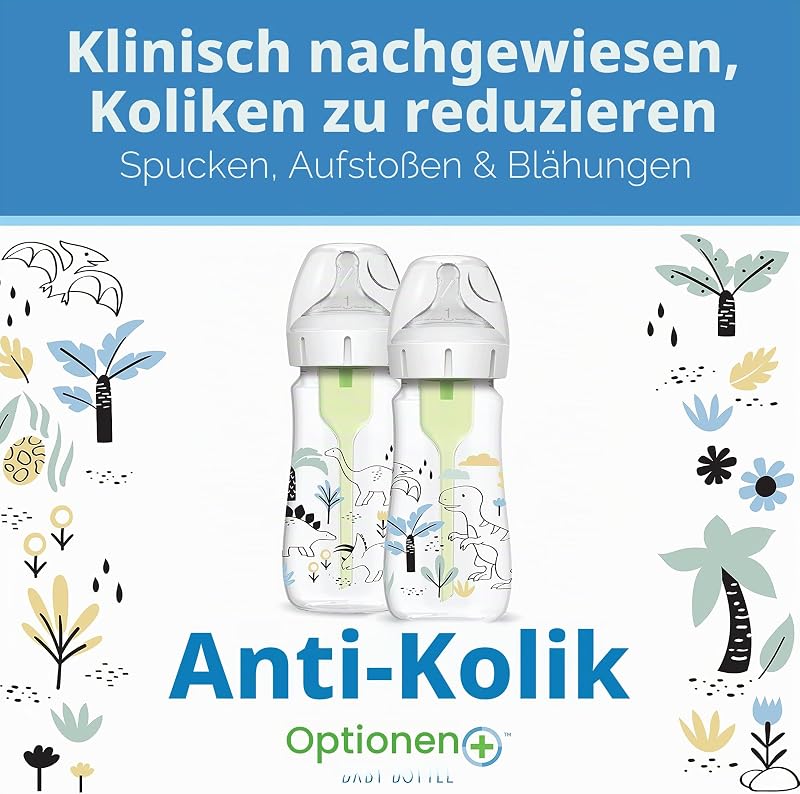 Natural Flow® Anti-Colic Options+™ Weithals-Babyflasche, Designer-Edition-Flaschen, Dino Decos, 270 ml, Level 1 Nippel, 2er-Pack, ab 0 Monaten