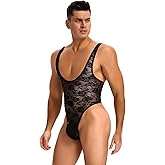 ohyeahlady Mens Lace One Piece Bodysuit Sheer Breathable Lingerie Sleepwear for Men Comfy Pouch Touch Sexy Jumpsuits
