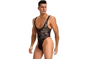 ohyeahlady Mens Lace One Piece Bodysuit Sheer Breathable Lingerie Sleepwear for Men Comfy Pouch Touch Sexy Jumpsuits