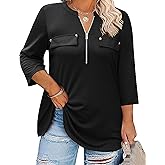 Kancystore Women's Plus Size 3/4 Length Sleeve Tops V Neck Shirts Work Blouses Zipper Spring Tunics XL-5X