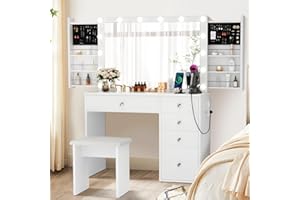 SMOOL Makeup Vanity Desk with Lighted Mirror & Power Outlet & 5 Drawers, Vanity Table with 3 Lighting Modes Brightness Adjustable, Sliding Storage, White Vanity Set for Bedroom, Valentine's Day Gift