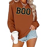 BINLANHANAT Halloween BOO Sweatshirt Women Ghost Chenille Patch Sweatshirts Spooky Season Fall Embroidered Pullover Top