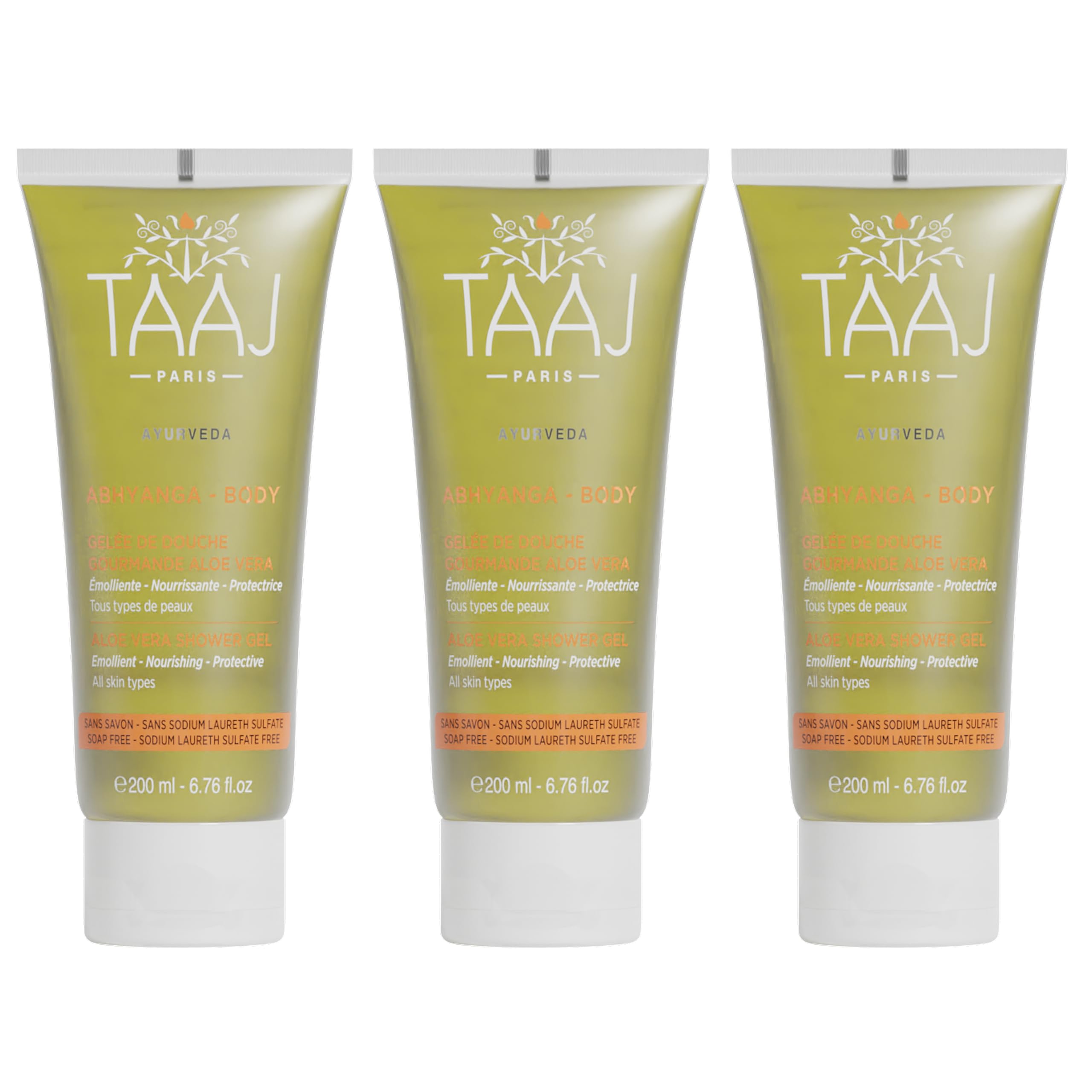 TAAJ | Abhyanga Aloe Vera Shower Jelly | It Nourishes and Hydrates the Skin | Delicate and Melting Mousse | Made in France | CrueltyFree | Set of 3x200ML