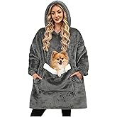Wearable Blanket Hoodie Gifts for Women Men, Oversized Blanket Sweatshirt Cozy Fleece Blanket with Dog Giant Pocket