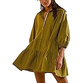 Zontroldy Women's Oversized Casual Collared Babydoll Mini Dresses Puff Sleeve A-line Tiered Shirt Tunic Dress
