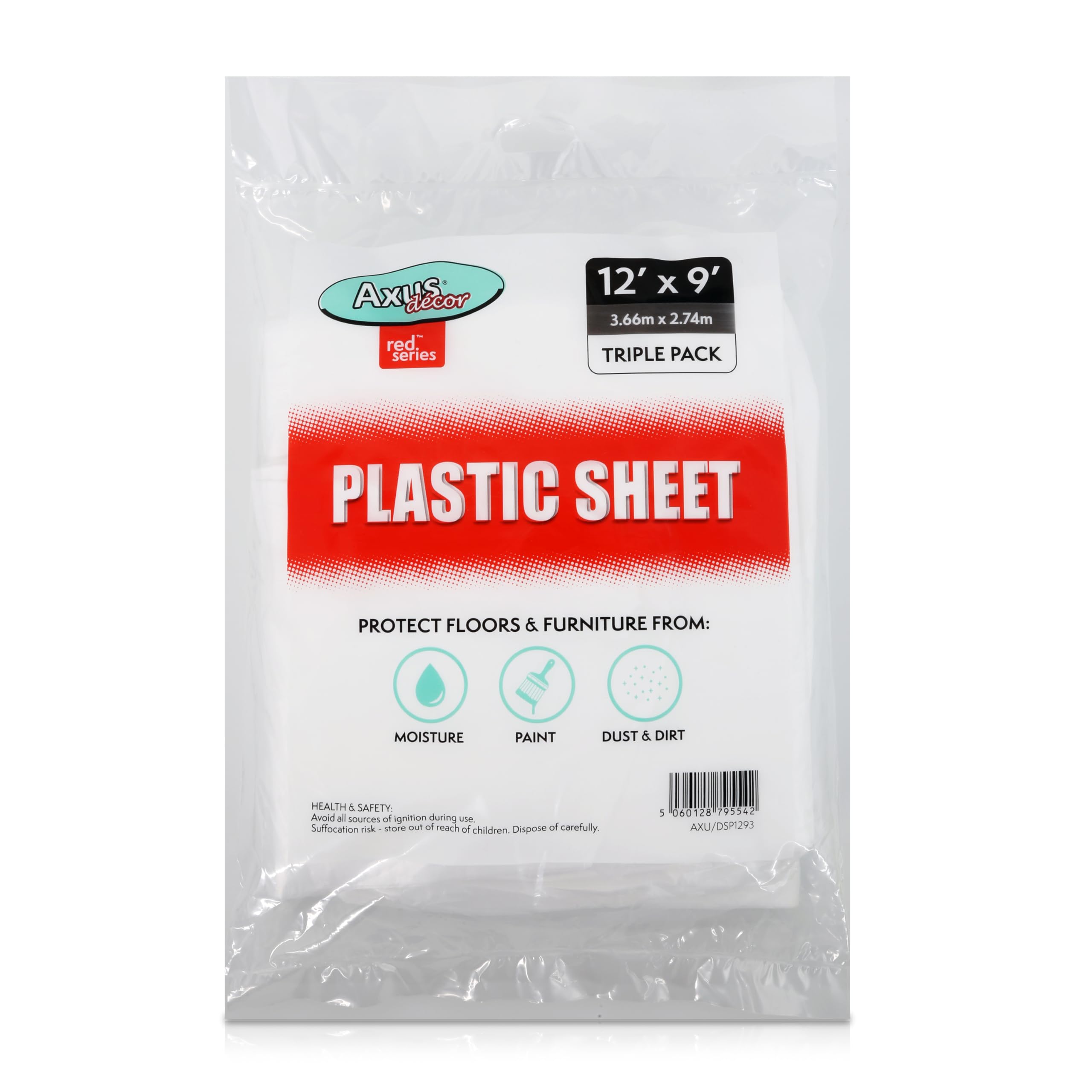 Axus Decor Plastic Dust Sheets for Decorating, Covering Furniture, & Floors - 12' x 9' (3.67m x 2.76m) Pack of 3