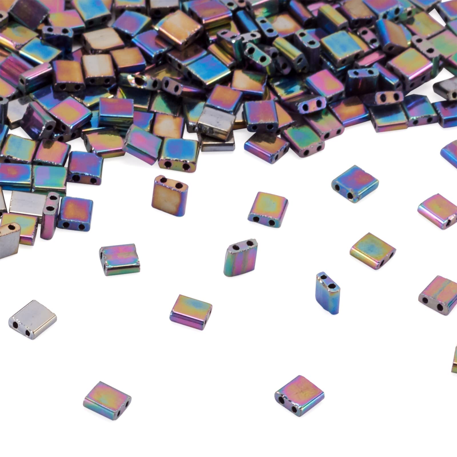 200Pcs 2-Hole Electroplate Glass Seed Beads Flat Tila Beads Rectangle Spacer Beads Rainbow Plated Carriage Beads for Jewelry Making Multi-Strand Bracelets DIY