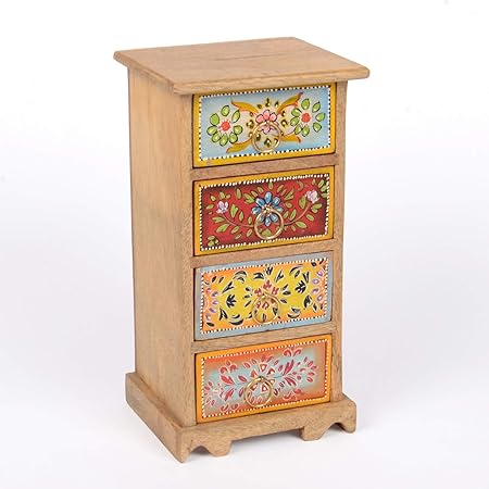 Orientalische Mini-Kommode handbemalte bunte Holz-Kästchen Mahavir mit 4 Schubladen aus Mangoholz | H 25 x B 14 x T 11 cm | O