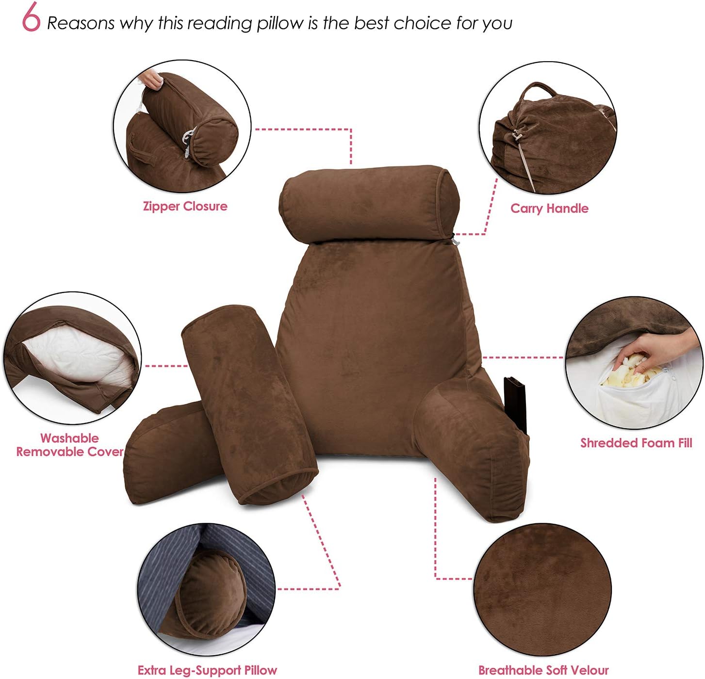 Clara Clark Bed Rest Reading Pillow with Arms and Pockets Premium Shredded Memory Foam, Detachable Neck Roll & Lumbar Support, Large, Brown: Home & Kitchen