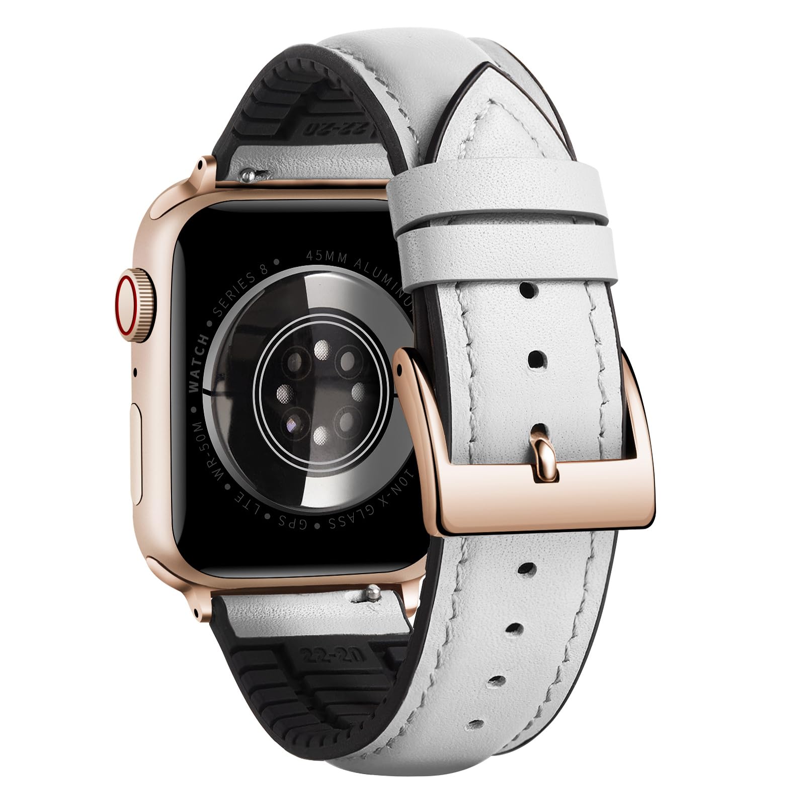 BINLUN Compatible with Apple Watch Bands Leather Soft Silicone Inner Hybrid Sweatproof 42mm 44mm 45mm 46mm 49mm Watch Strap for iWatch Ultra SE Series 11/10/9/8/7/6/5/4/3/2/1(Rose-Gold Buckle,White)