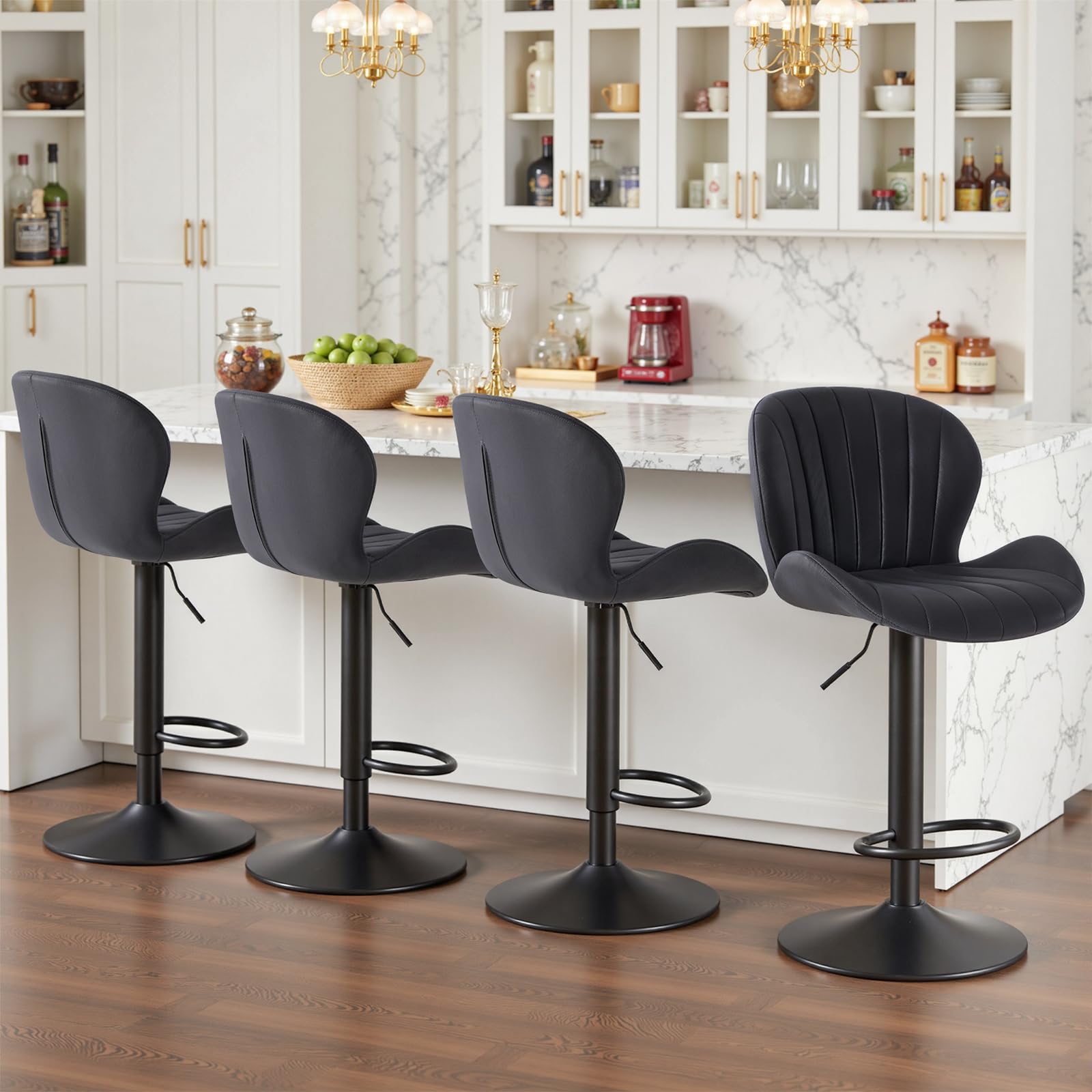 Photo 1 of ***MISSING PIECES -S***DAMAGED -SELLING AS IS***ELLING AS SET OF 2 ONLY*** Sweetcrispy Bar Stools Set of 2, Modern Swivel Bar Chairs, Adjustable Fabric Upholstered Barstools Counter Height with Backrest for Bar, Kitchen Island, Dining Room, Black