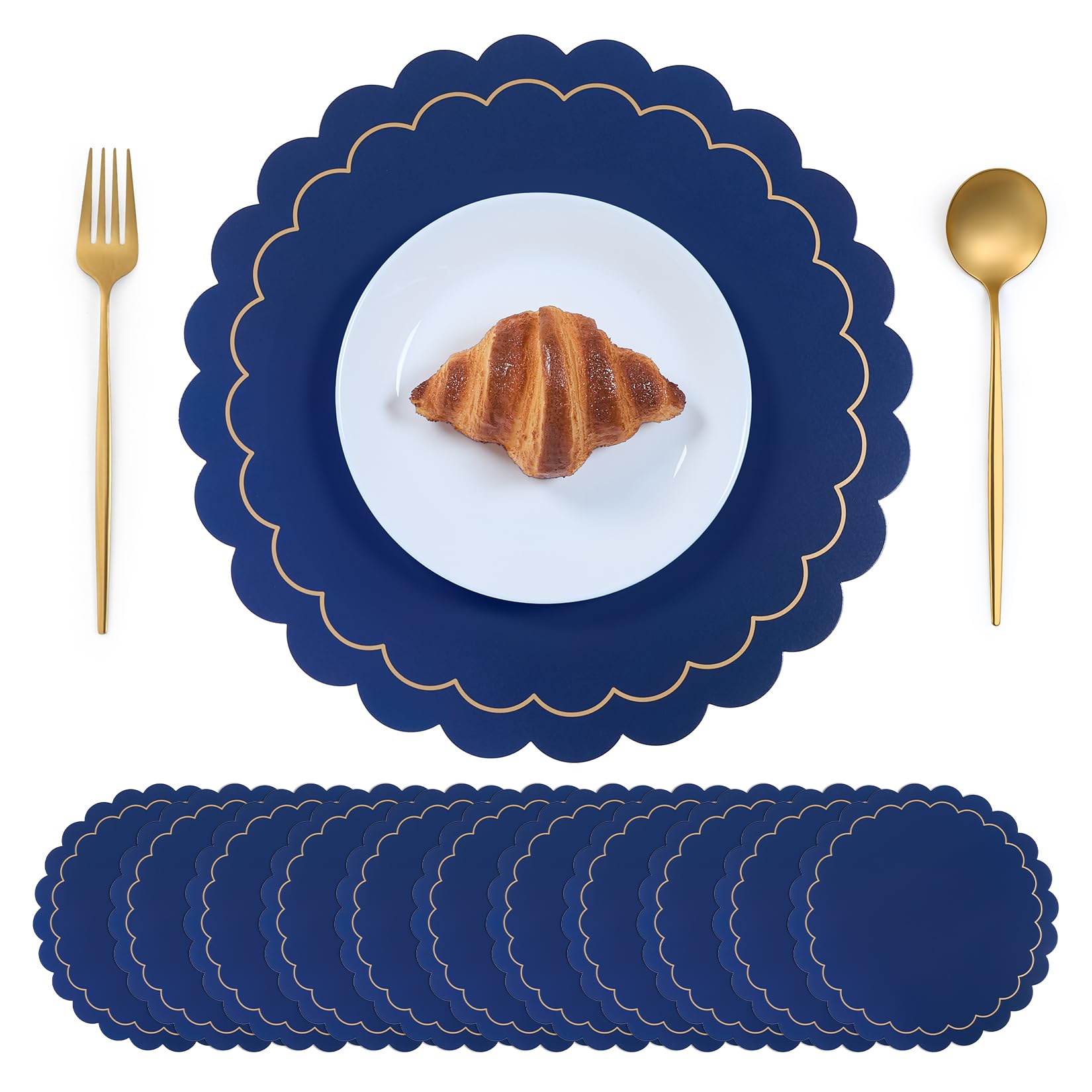 Photo 1 of 100pcs Navy Blue Disposable Paper Placemats – Scalloped Round Table Place Mats for Wedding, Party, Baby Shower, Banquet, Home Dining Table Decor