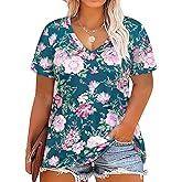 RITERA Women Plus Size Tops Tie Dye V Neck Shirt Floral Camo Summer Short Sleeve Tunic Oversized Ladies Blouse XL-5XL