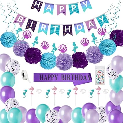 Amazon.com: Artículos de fiesta de sirena Artunique - decoraciones de fiesta de sirena, decoraciones de cumpleaños de sirena, decoraciones de cumpleaños para niñas, banderines, pompones, adornos de magdalenas, globos, remolinos, guirnallas, fajas,