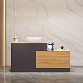 L-Shaped Reception Desk with Lockable Drawers, Adjustable File Cabinet &amp; Keyboard Tray, Modern Front Counter for Office, Salon, or Lobby (Left-L Natural Wood/Slate Gray, 70.9''L x 23.6''W x 41.3''H)