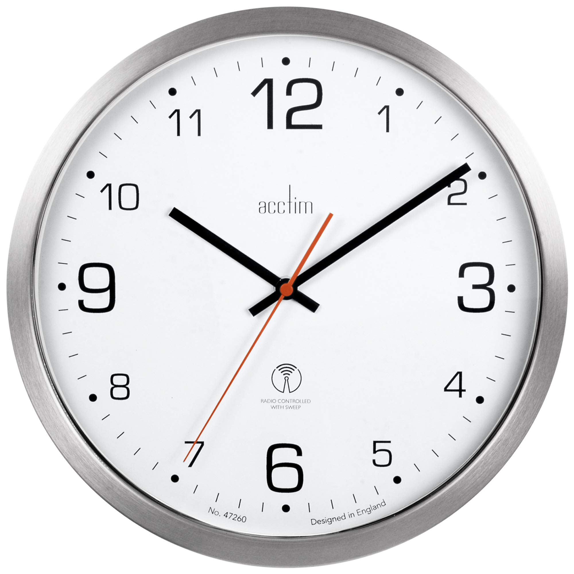 Acctim Atomik Wall Clock Non-Ticking Sweep Radio Controlled Brushed Metal Case Titanium 30cm