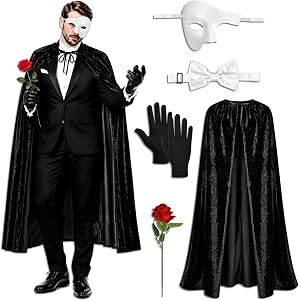 Beuonkig 5 Pcs The Opera Costume Accessories, Men Opera Masquerade Costume Cape White Phantom Mask for Cosplay Dress up Party