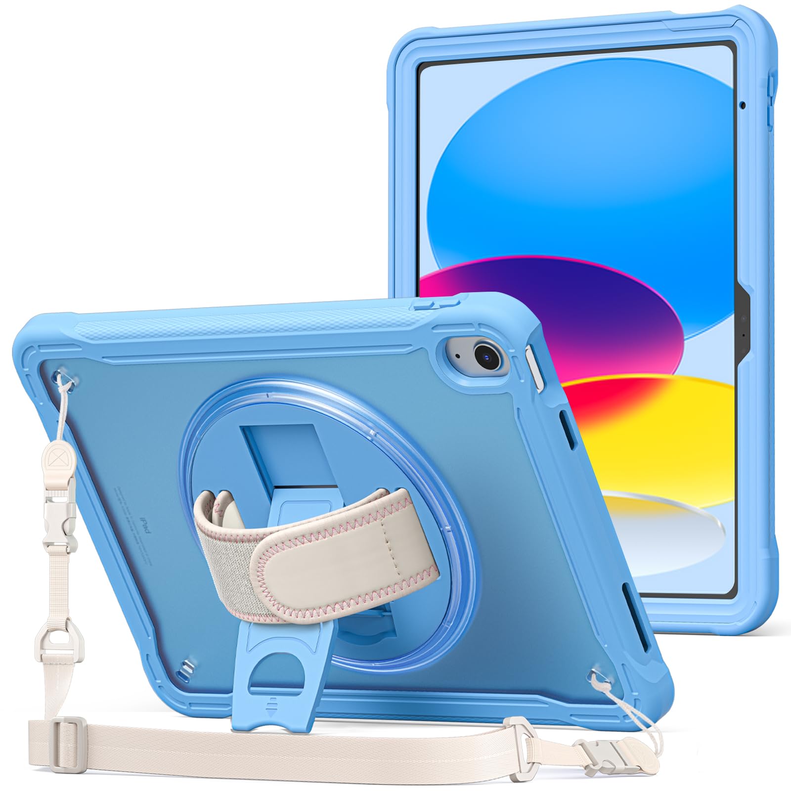 ProCase Rugged Case for iPad 10th Generation 10.9 Inch 2022, Heavy Duty Shockproof Rugged Cover with Hand Strap 360 Degree Rotatable Kickstand Protective for iPad 10.9 Case -Blue