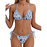 Tainehs Women's Sexy Halter Bikini Set Triangle Top String Swimwear Two Piece Swimsuits Cheeky Bathing Suit