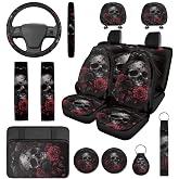 DBBXHZJY 14 Pack Gothic Skull Car Seat Covers Full Set Steering Wheel Protector+Armrest Cover+Seat Belt Cushion+Headrest Protector, Rose Automotive Accessories Interior Universal Fit Cars SUV Trucks