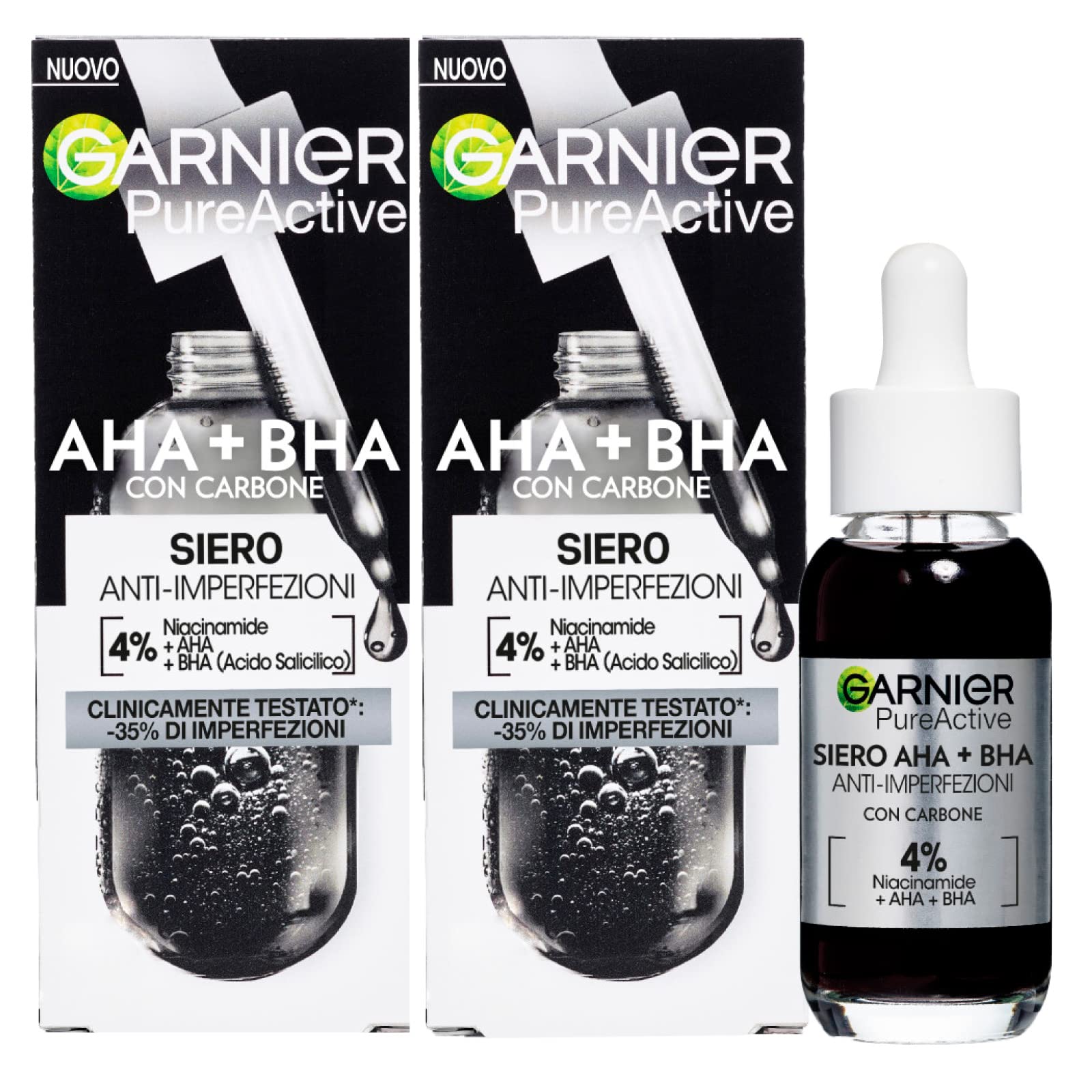Garnier PureActive Anti-Imperfection Face Serum with Charcoal Niacinamide AHA BHA Treatment Pimples Blackheads Redness Marks Light Mattifying Uniforming Formula Without Residue - 2 Bottles 30ml