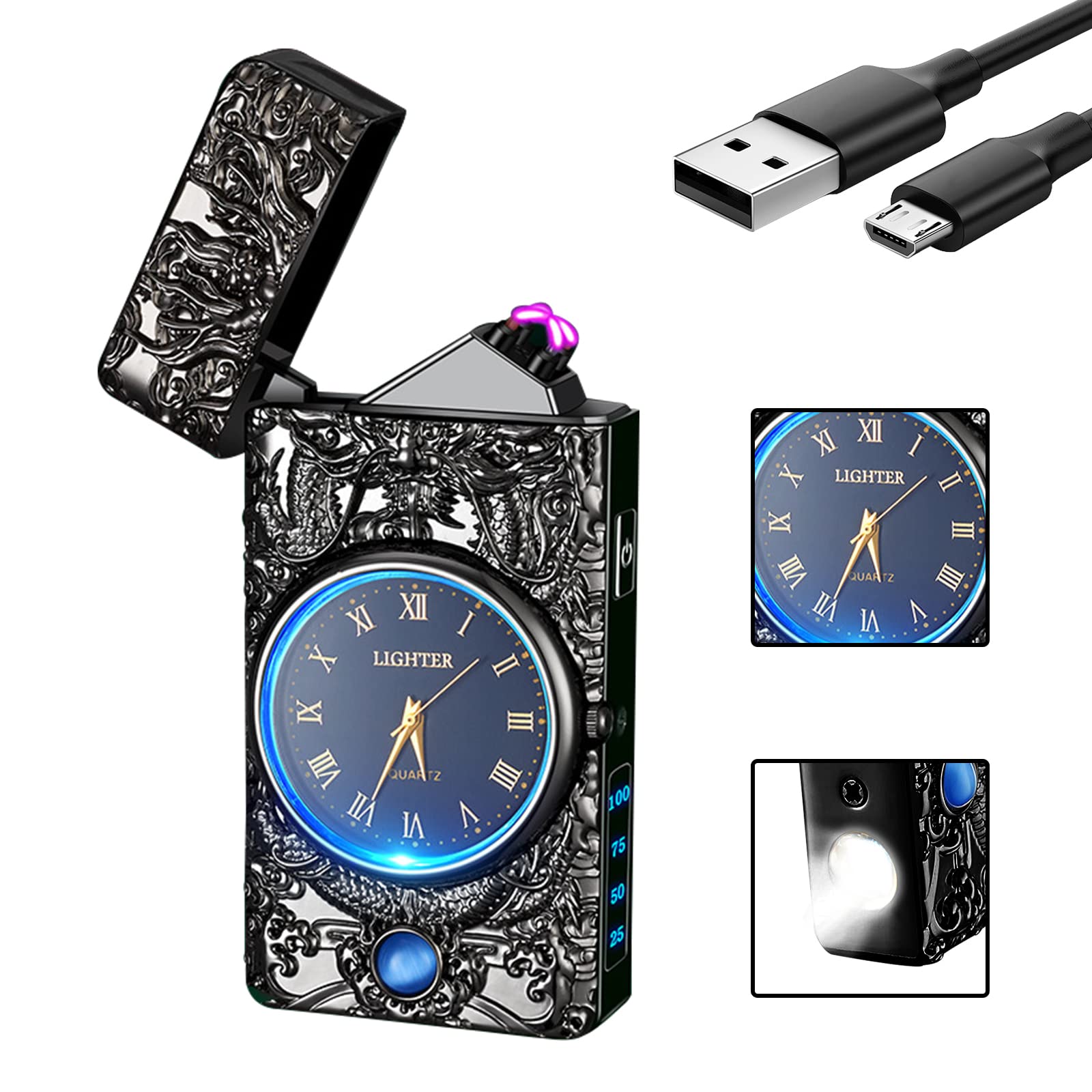 SKRFIRE Dragon Lighter, Plasma Electric Arc Windproof Metal Lighter With Luminous Real Watch Dial LED Lighting (Black)